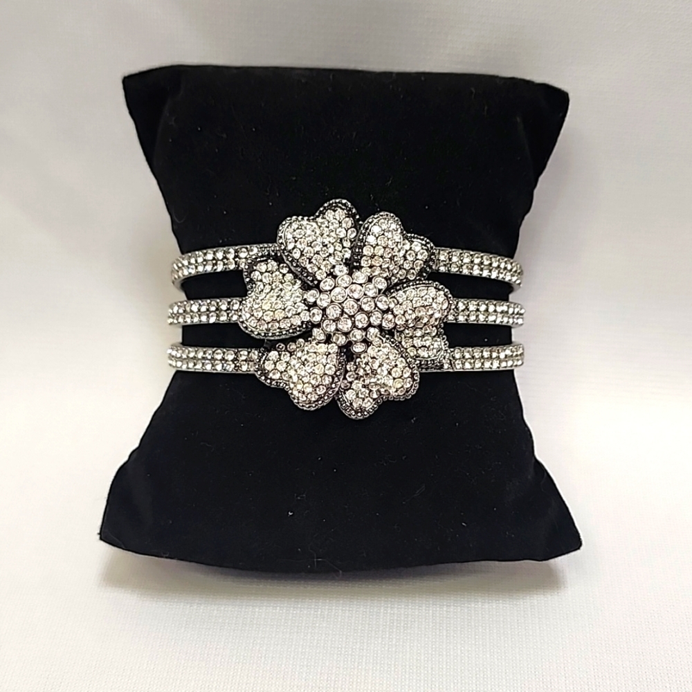 Paula Abdul "I love me more" Hematite Clear Crystal Flower Cuff Bracelet